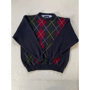 Vintage 90s Woods & Gray Mens Large Sweater Navy Argyle Cotton Knit Crewneck